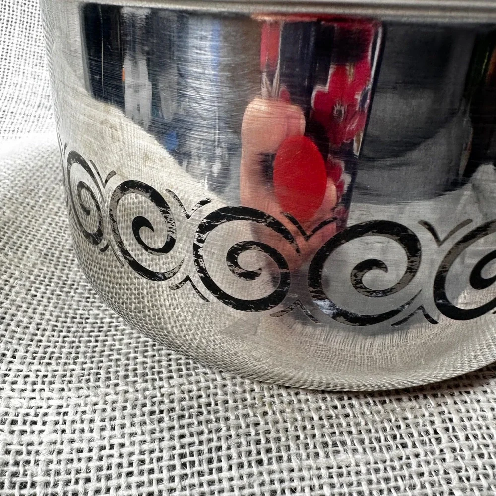 Vintage EKCO 1.5 Qt Saucepan with Lid Black Scroll Stainless Steel MCM Retro